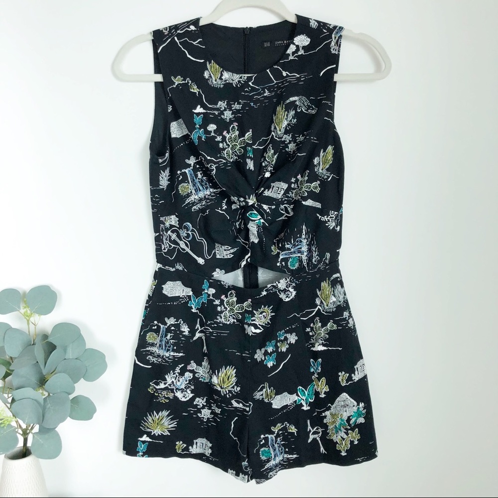 ZARA Black Tropical Printed Romper Cutout Twist XS